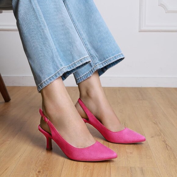 Dream Pairs Women Hot Pink Faux Suede Pointed Toe Slingback Low Kitten Heels - Picture 6 of 7